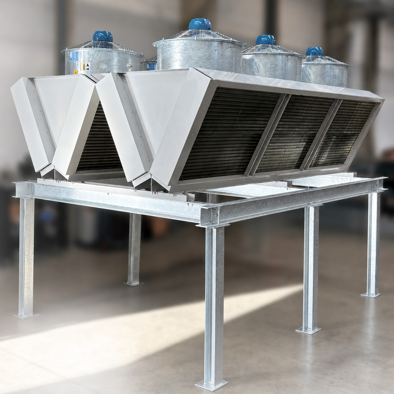 Multi-fan V-configuration air cooled condenser on galvanised support frame